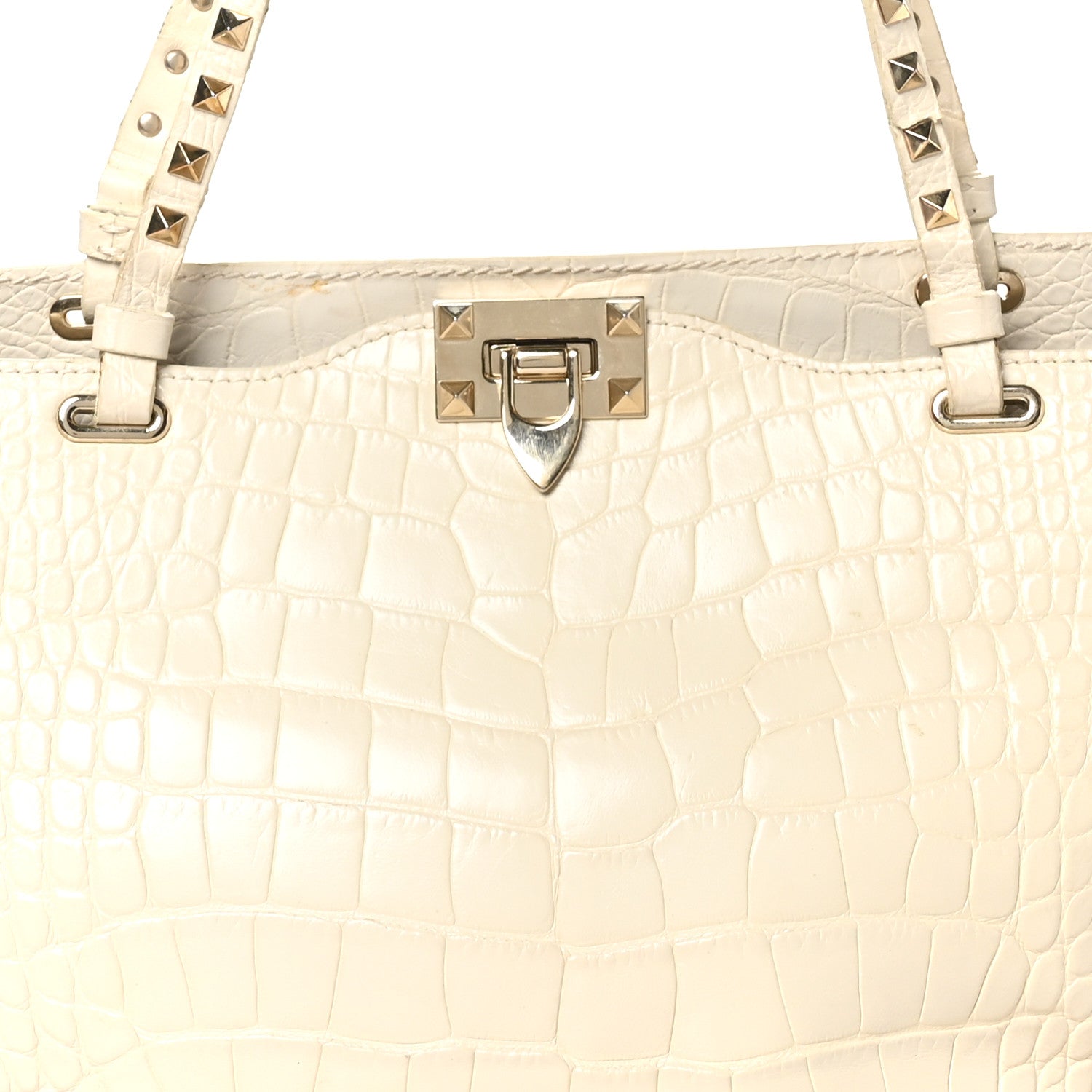 Valentino Garavani Calfskin Crocodile Embossed Medium Rockstud Tote Ivory 7 of 12