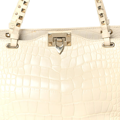 Valentino Garavani Calfskin Crocodile Embossed Medium Rockstud Tote Ivory 7 of 12
