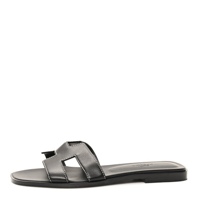 Hermes Box Calfskin Oran Sandals 36.5 Black 1 of 10