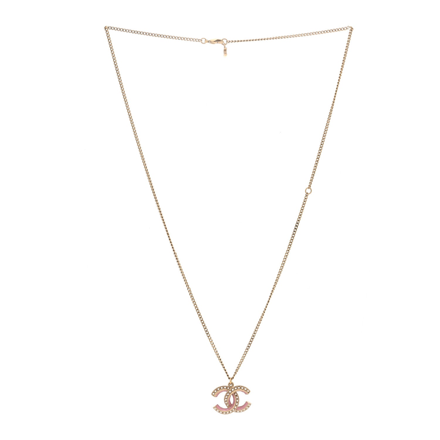 Chanel Metal Enamel Pearl CC Chain Necklace Pendant Gold Pink 3 of 5