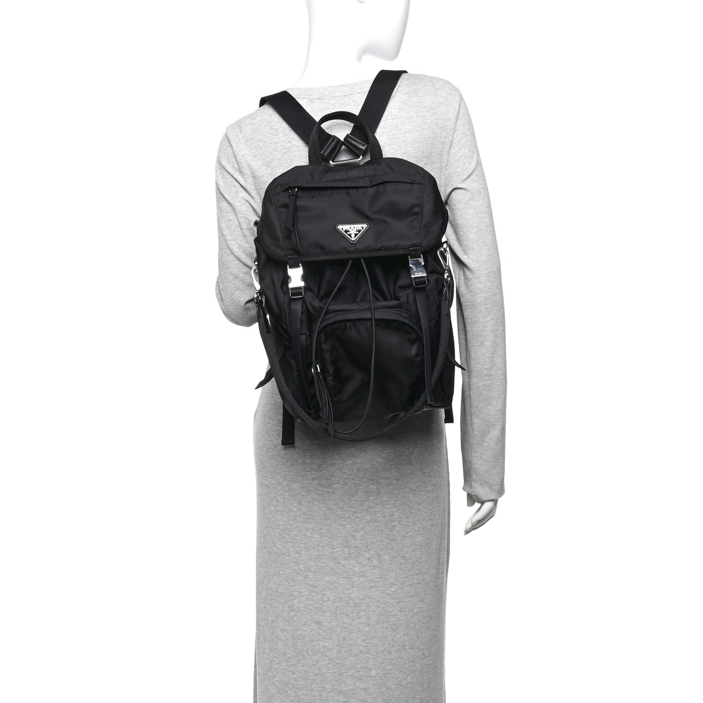 Re-Nylon Saffiano Logo Double Buckle Backpack Black