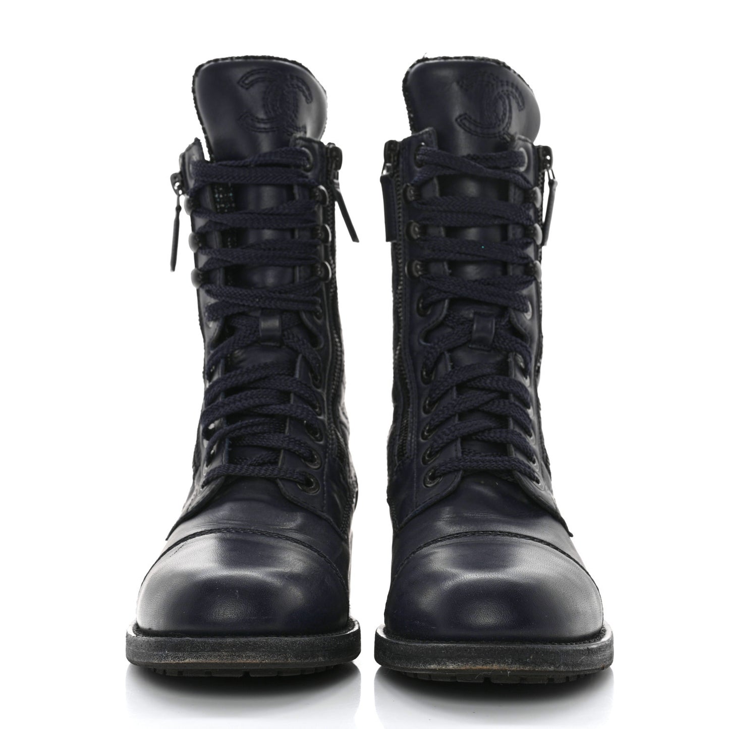 Sheepskin Quilted CC Tall Lace Up Combat Boots 40 Navy
