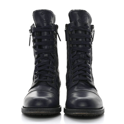 Chanel Sheepskin Quilted CC Tall Lace Up Combat Boots 40 Navy 2 of 11