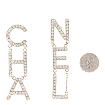Chanel Crystal Cha-Nel Logo Drop Earrings Gold 2 of 5