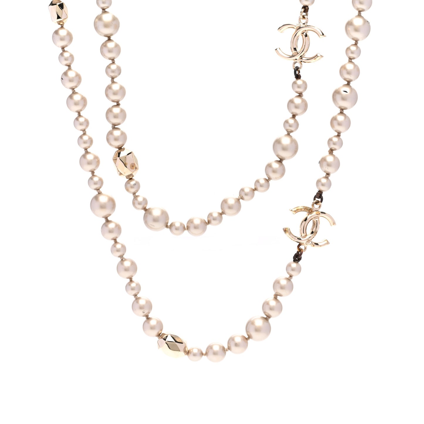 Pearl CC Long Necklace Gold Pearly Beige