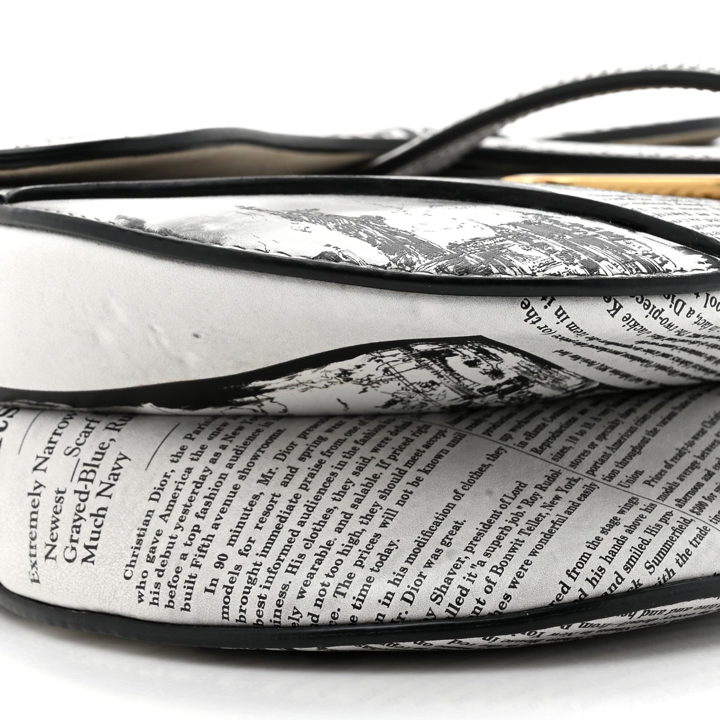 Calfskin Newspaper Printed Saddle Bag With Strap Black White
