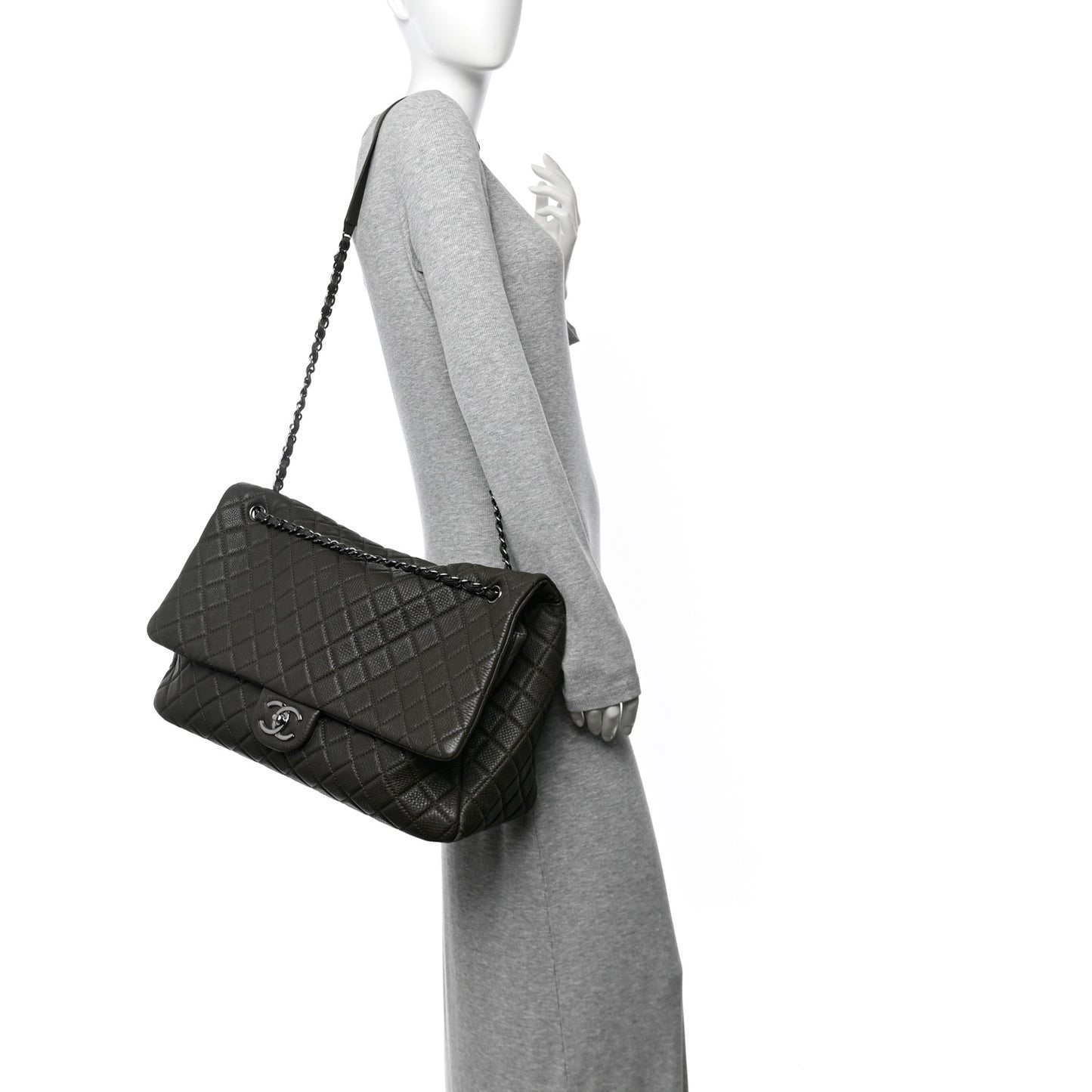 Calfskin Quilted XXL Travel Flap Bag Khaki