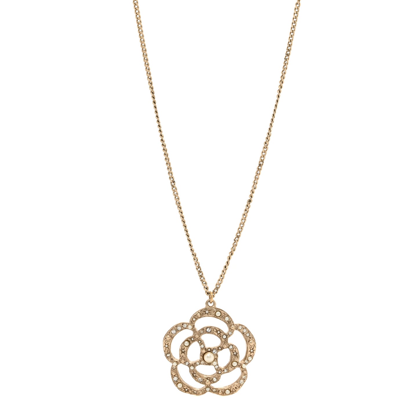 Pearl Crystal Large Camellia Pendant Necklace Light Gold