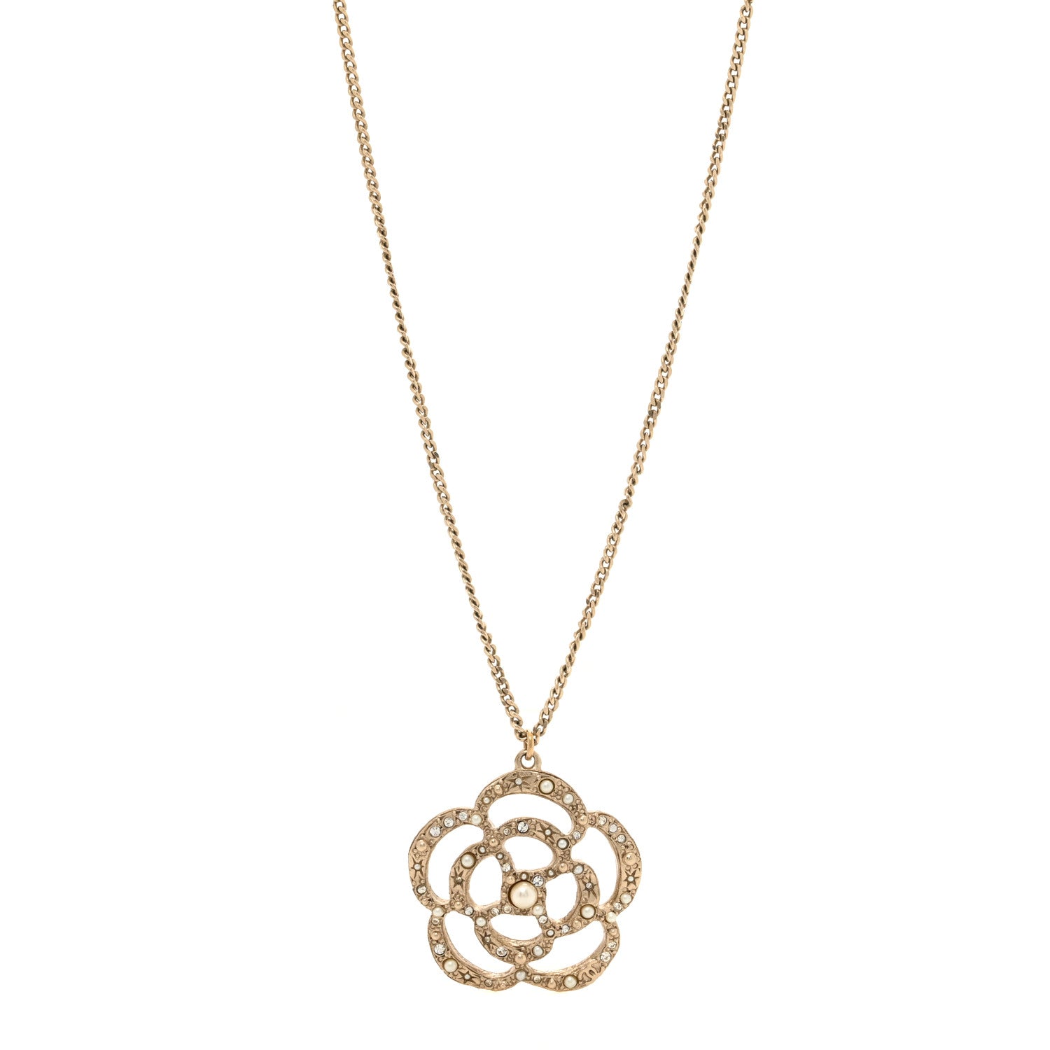 Chanel Pearl Crystal Large Camellia Pendant Necklace Light Gold 1 of 5