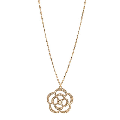 Chanel Pearl Crystal Large Camellia Pendant Necklace Light Gold 1 of 5