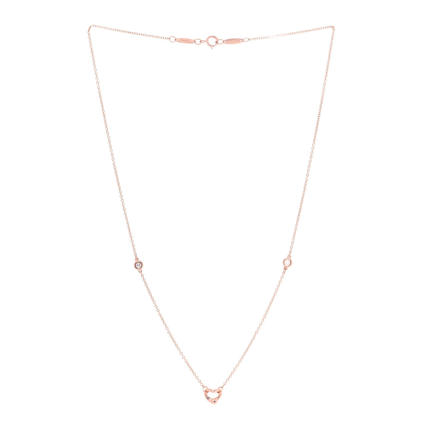 18K Rose Gold 2 Diamond Elsa Peretti Diamonds by the Yard Open Heart Pendant Necklace