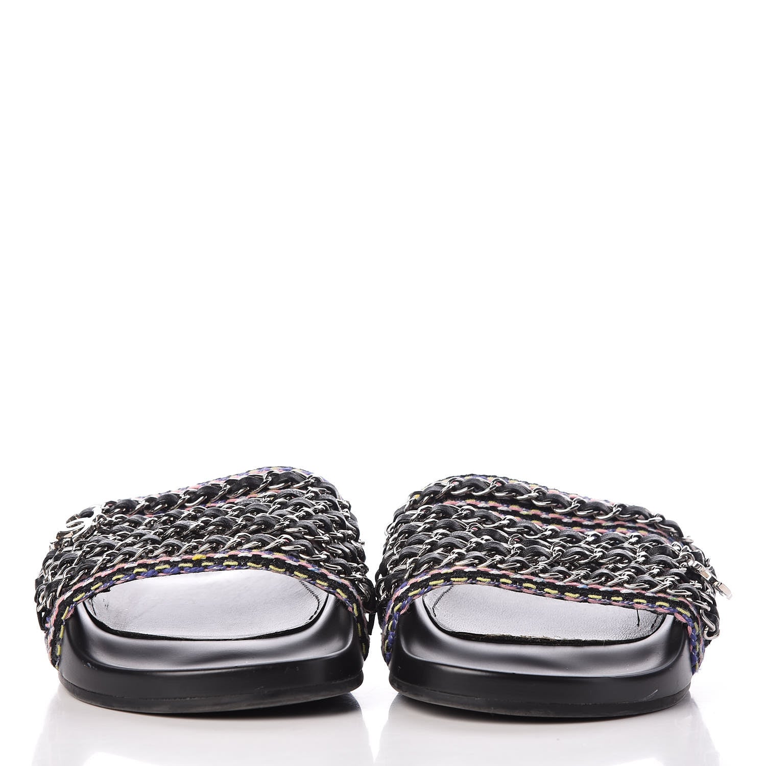Chanel Tweed Lambskin Chain Flat Sandals 37 Black Multicolor 2 of 12