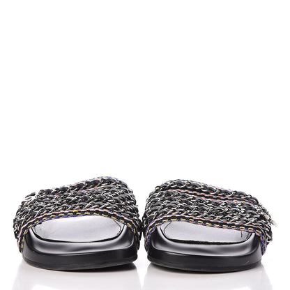 Chanel Tweed Lambskin Chain Flat Sandals 37 Black Multicolor 2 of 12
