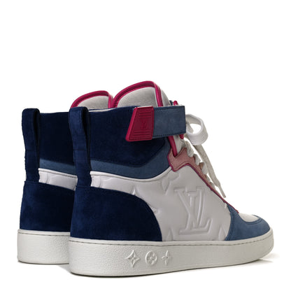 Louis Vuitton Sheepskin Embossed Suede Calfskin Womens Boombox High-Top Sneakers 38 White Denim Blue 3 of 4