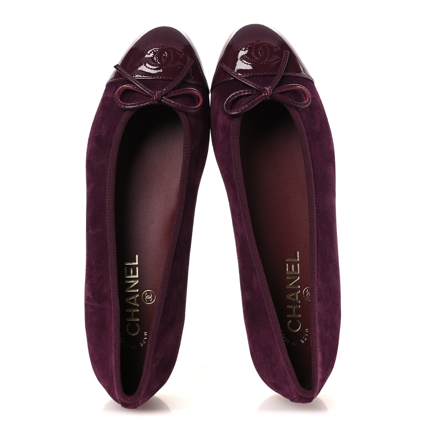 Chanel Suede Patent Calfskin Cap Toe CC Ballerina Flats 39.5 Burgundy 2 of 11