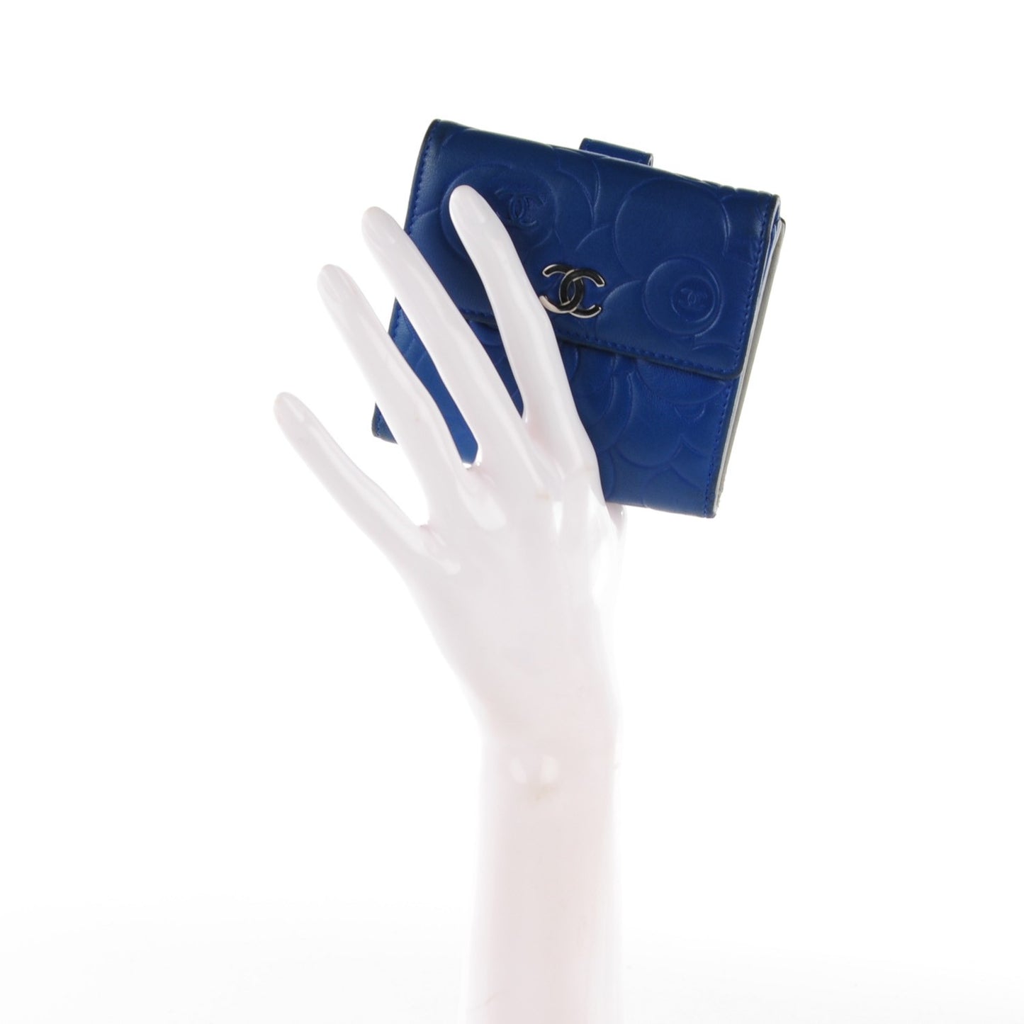 Lambskin Camellia Embossed French Wallet Blue