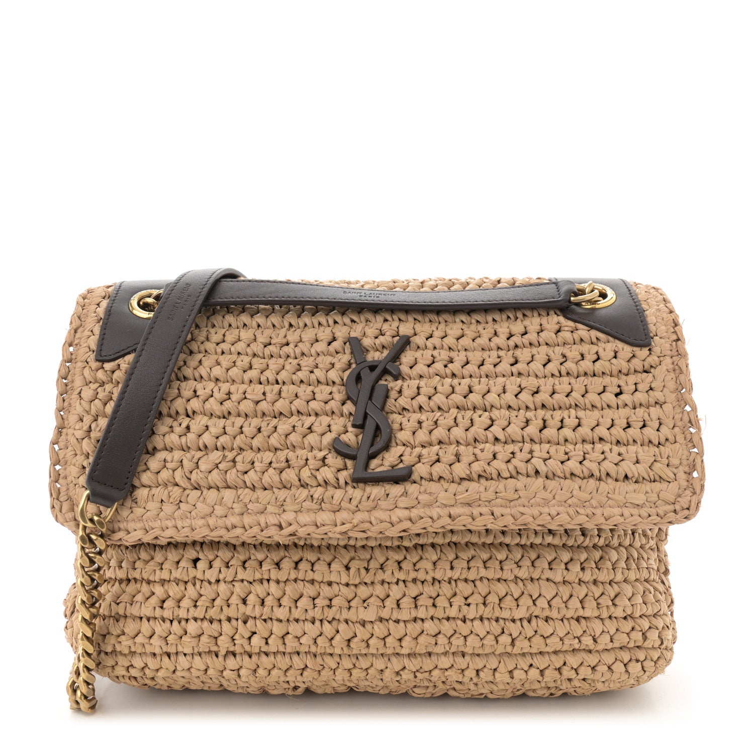 Saint Laurent Raffia Calfskin Monogram Medium Niki Chain Satchel Natural 1 of 11