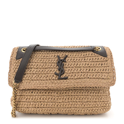 Saint Laurent Raffia Calfskin Monogram Medium Niki Chain Satchel Natural 1 of 11