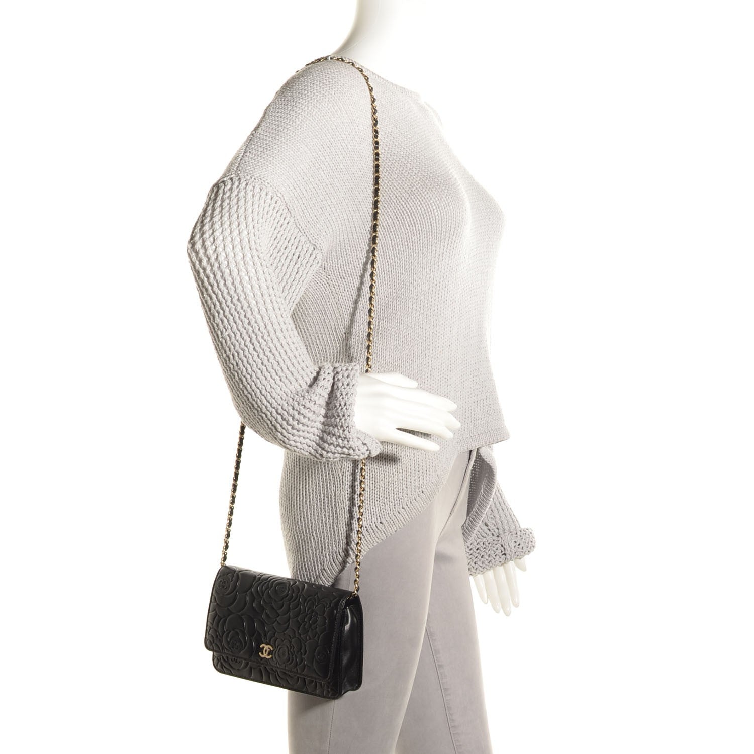 Chanel Lambskin Camellia Embossed Wallet on Chain WOC Black 2 of 9