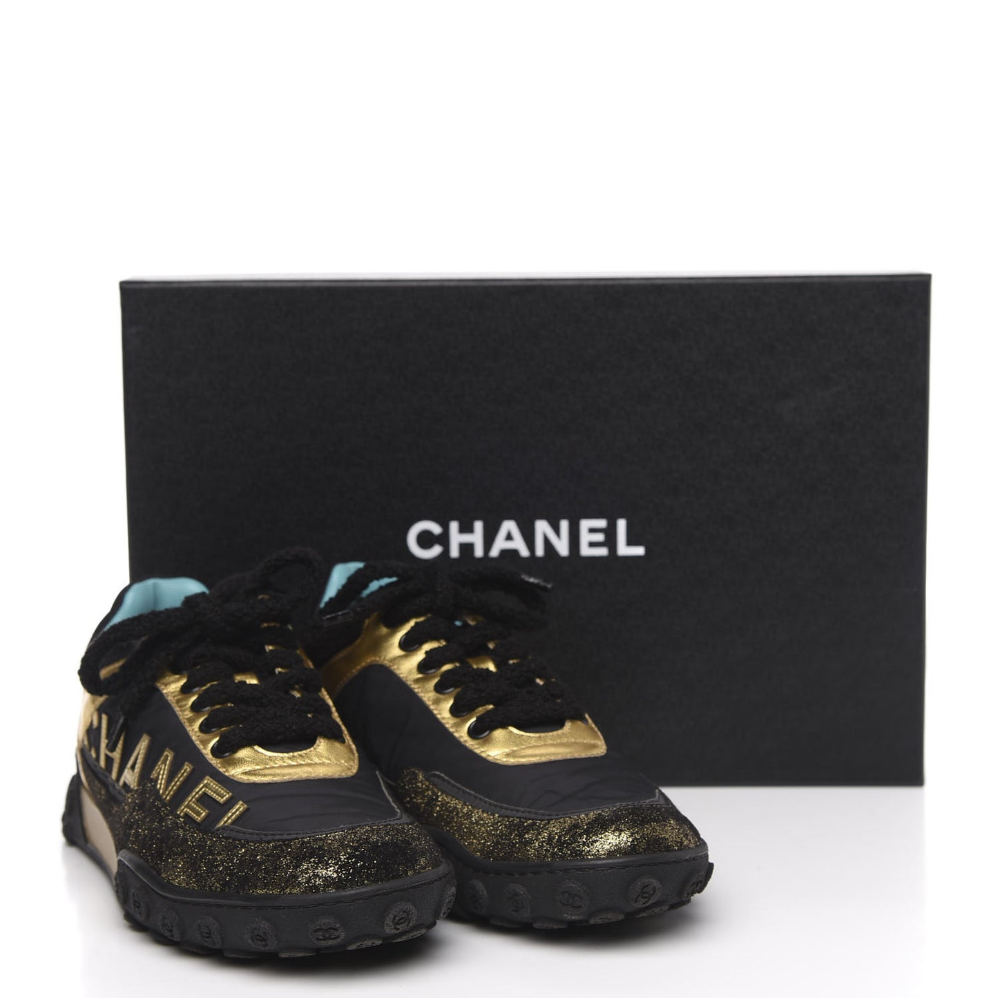 Metallic Lambskin Satin Finish Womens CC Sneakers 37 Black Gold