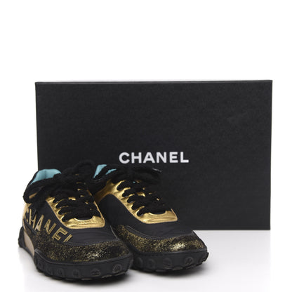 Chanel Metallic Lambskin Satin Finish Womens CC Sneakers 37 Black Gold 10 of 10