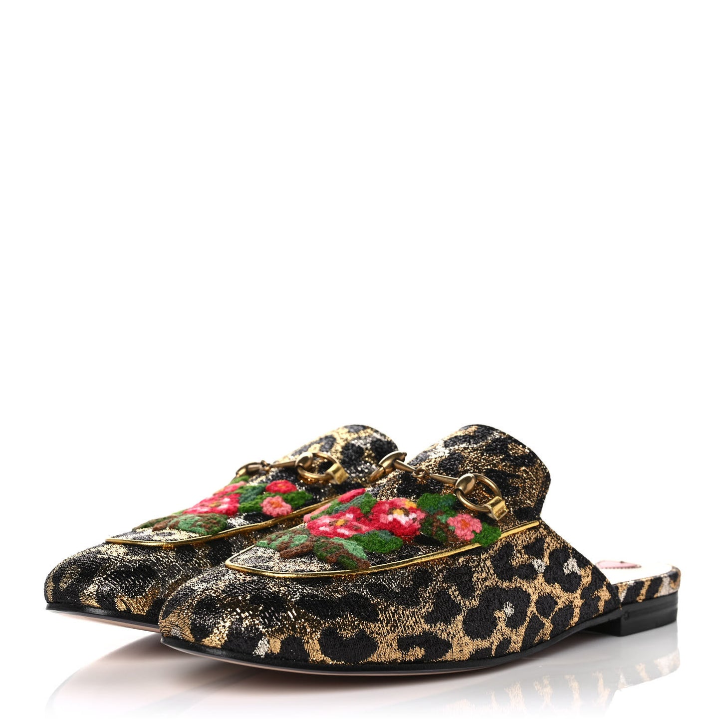 Lurex Jacquard Leopard Embroidered Womens Princetown Slippers 39.5 Black Gold