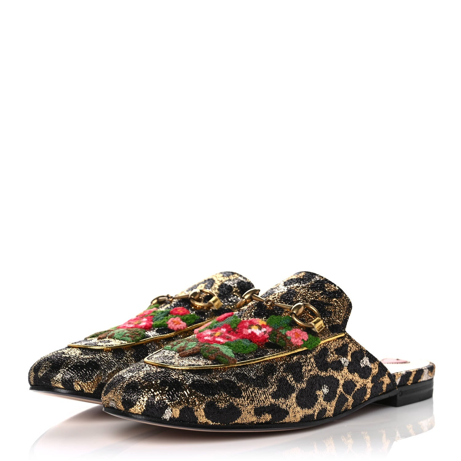 Gucci Lurex Jacquard Leopard Embroidered Womens Princetown Slippers 39.5 Black Gold 3 of 10