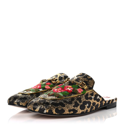 Gucci Lurex Jacquard Leopard Embroidered Womens Princetown Slippers 39.5 Black Gold 3 of 10