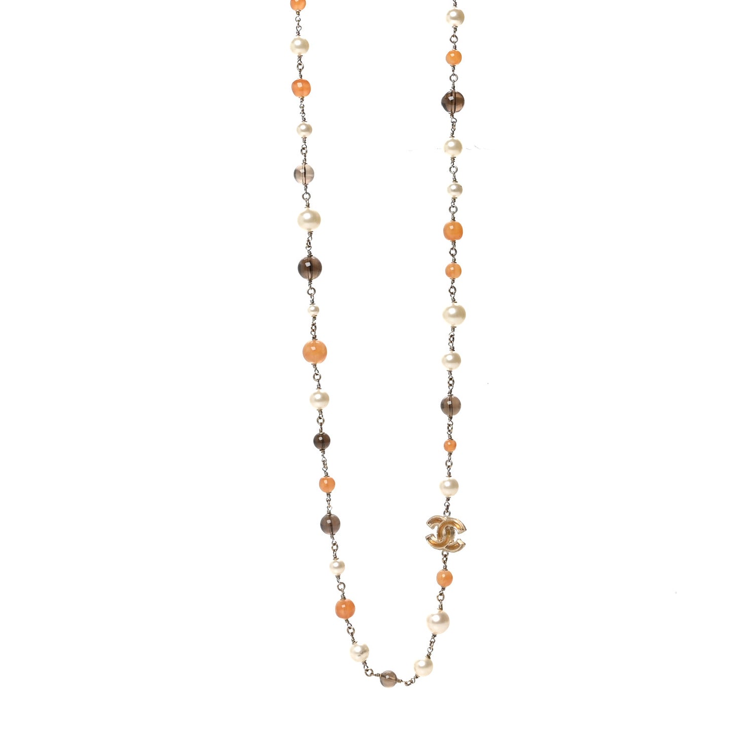 Enamel Bead Pearl CC Long Necklace Brown Gold
