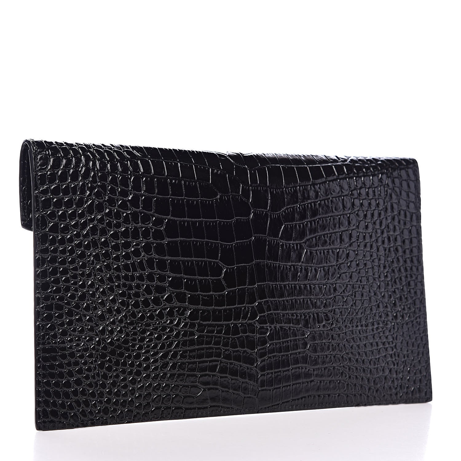 Saint Laurent Calfskin Crocodile Embossed Uptown Monogram Clutch Black 3 of 7