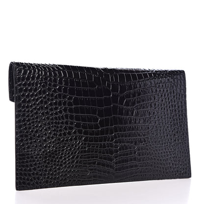 Saint Laurent Calfskin Crocodile Embossed Uptown Monogram Clutch Black 3 of 7