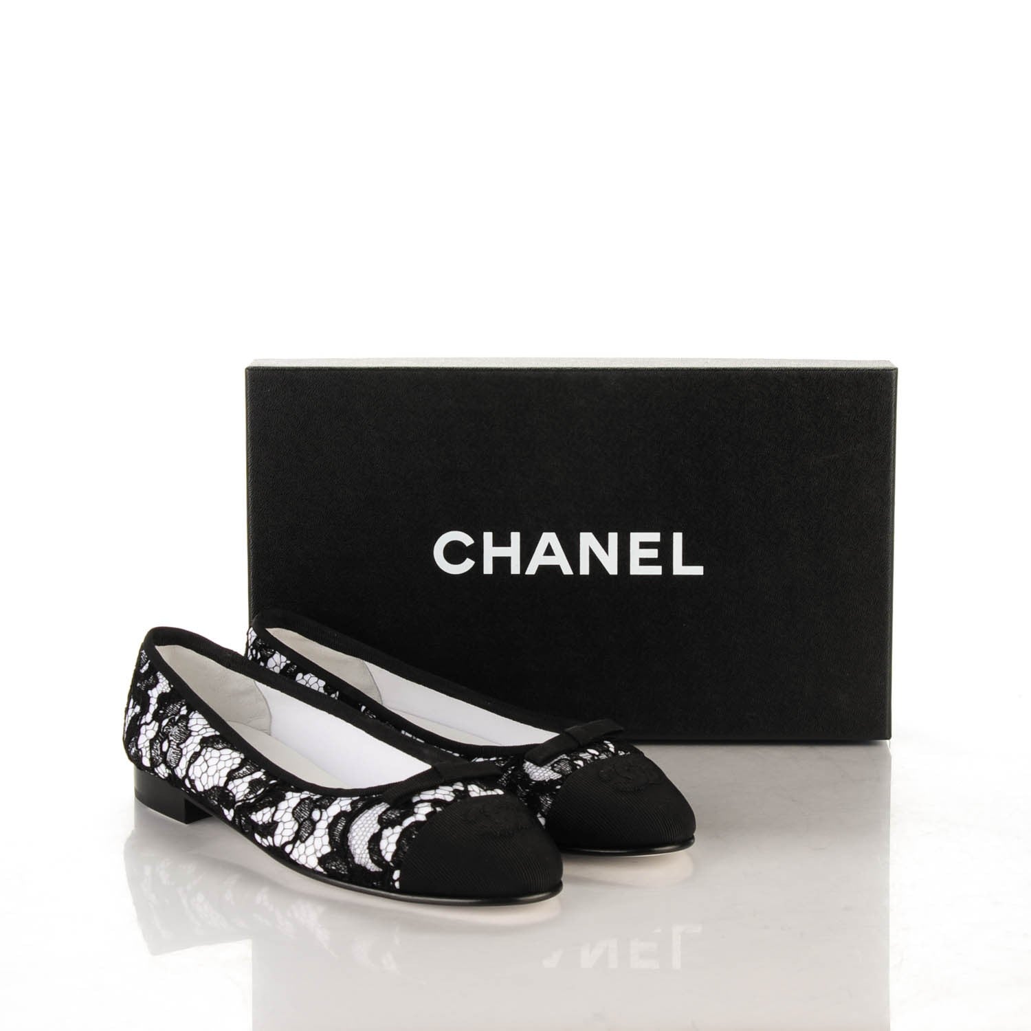 Chanel Lace Grosgrain Cap Toe Ballerina Flats 36.5 Black White 8 of 8