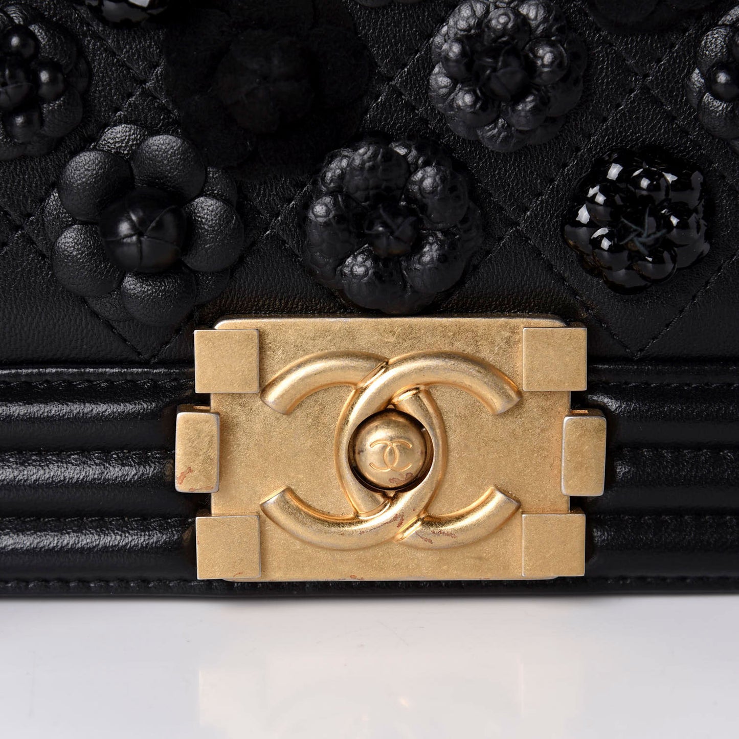 Lambskin Embroidered Camellia Quilted Small Boy Flap Black