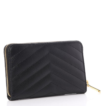 Saint Laurent Grain De Poudre Matelasse Chevron Monogram Zip Around Wallet Black 3 of 7