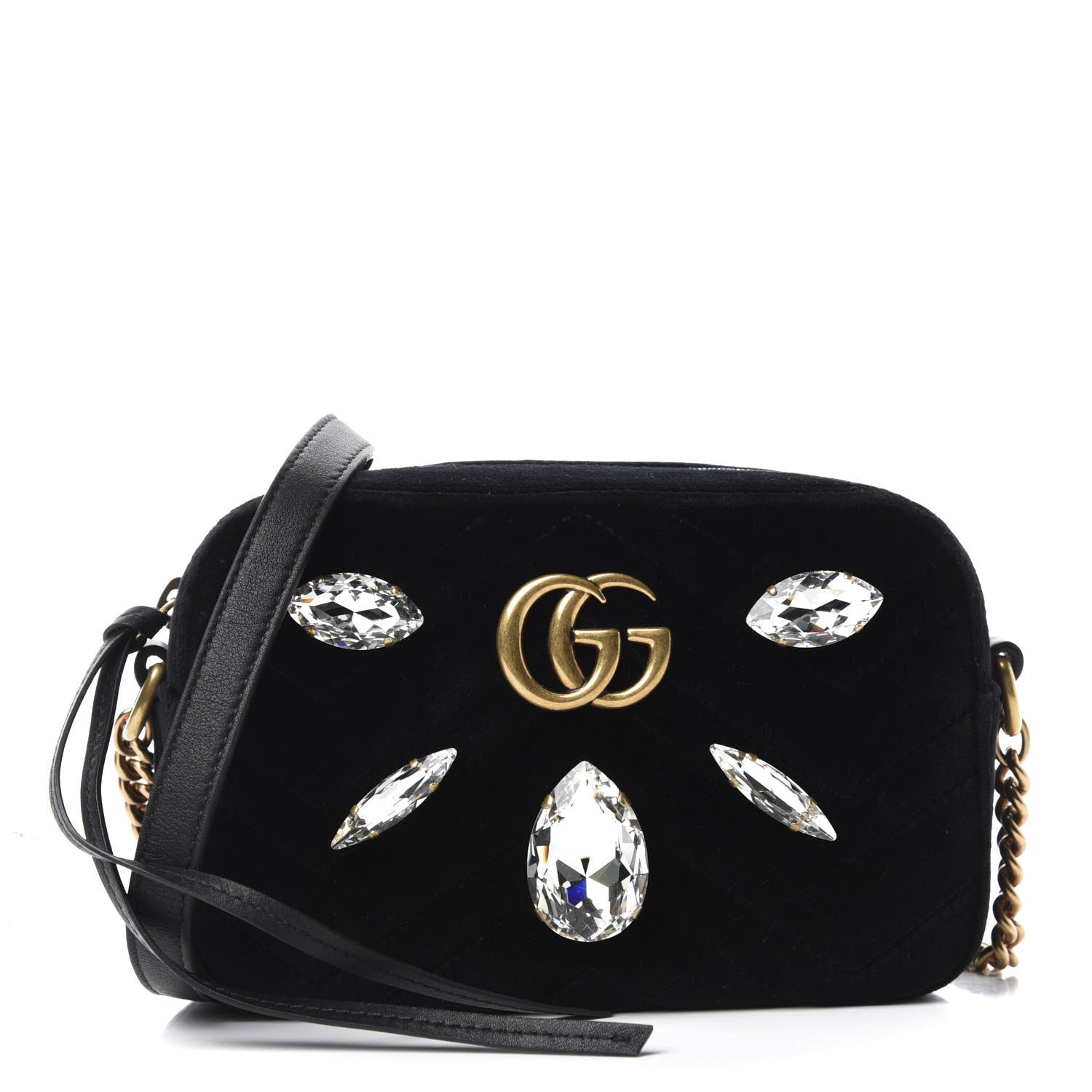 Gucci Velvet Matelasse Marquise Crystals Mini GG Marmont Chain Shoulder Bag Black 1 of 10
