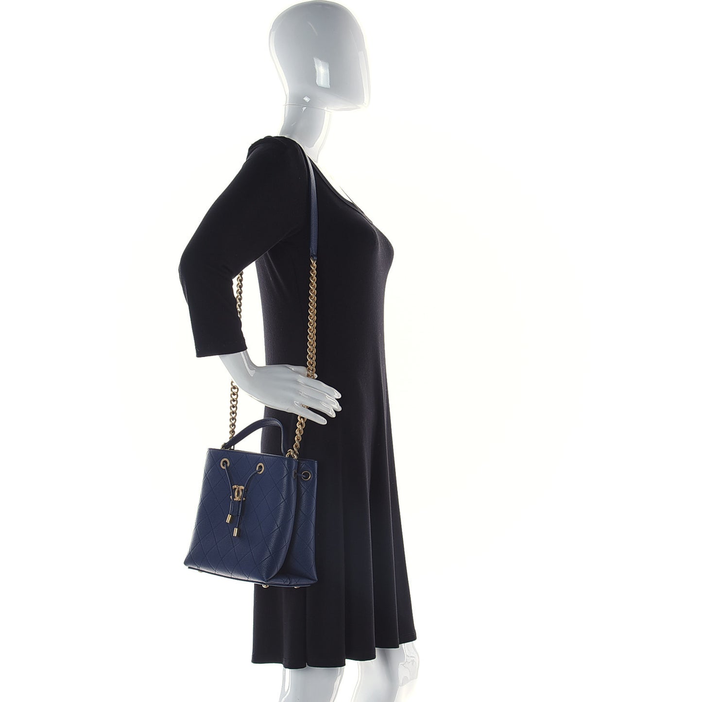 Grained Calfskin Stitched Small Drawstring Bag Navy