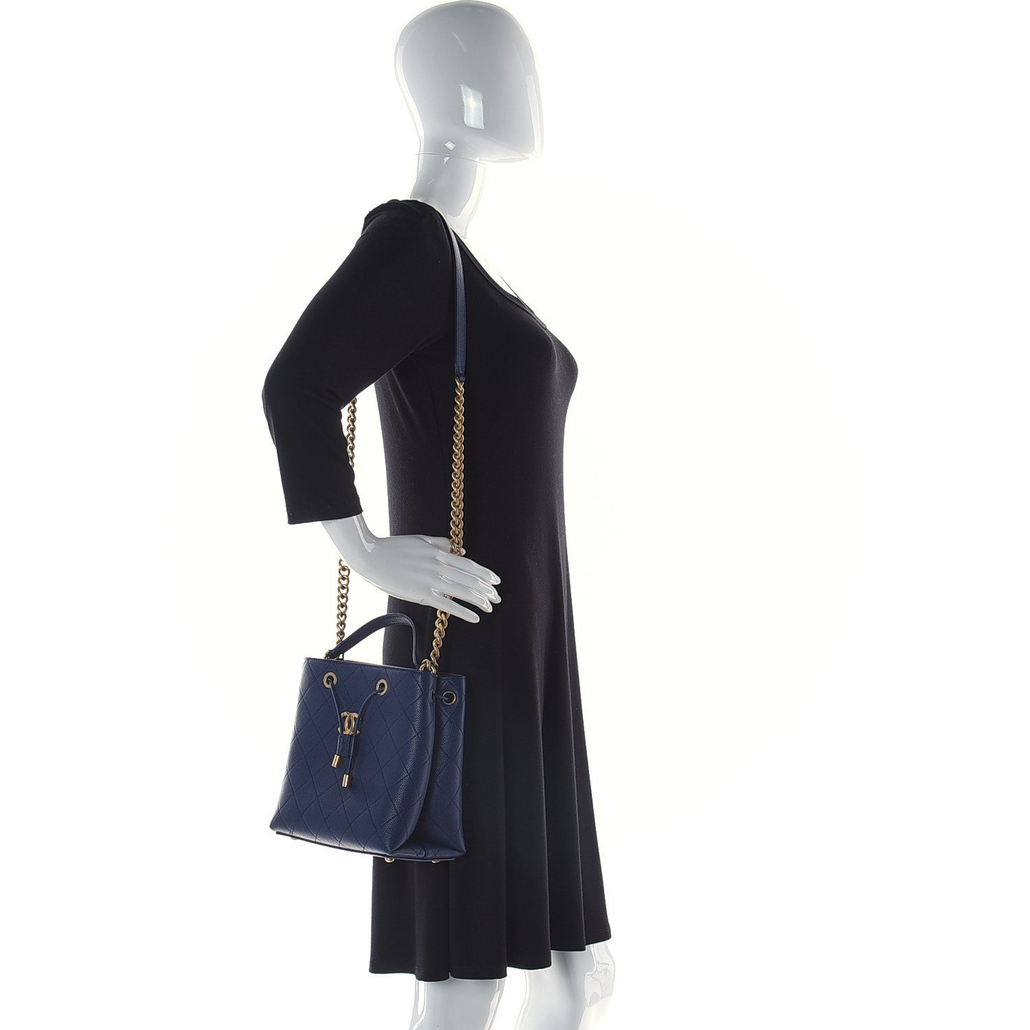 Chanel Grained Calfskin Stitched Small Drawstring Bag Navy 2 of 11