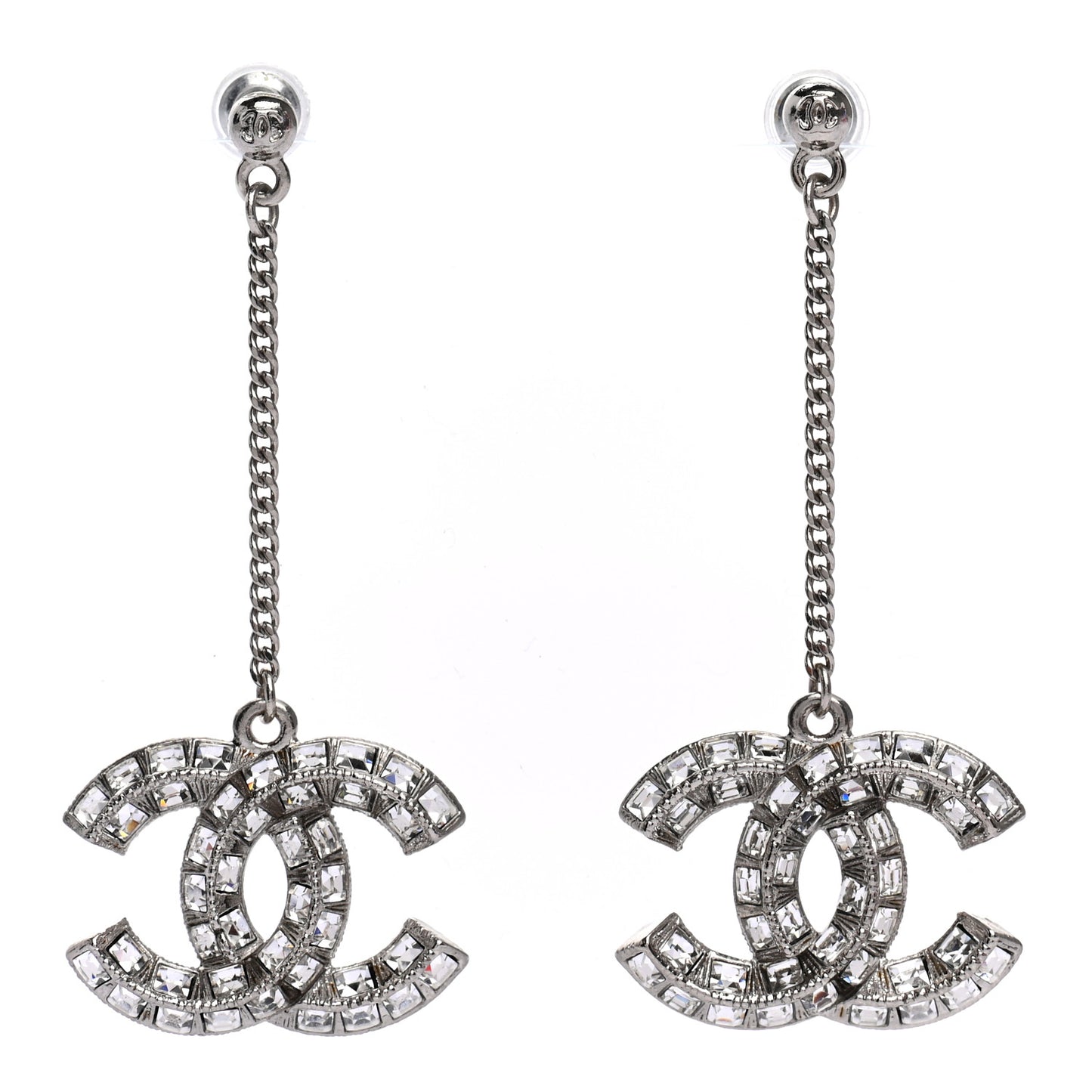 Baguette Crystal CC Drop Earrings Silver