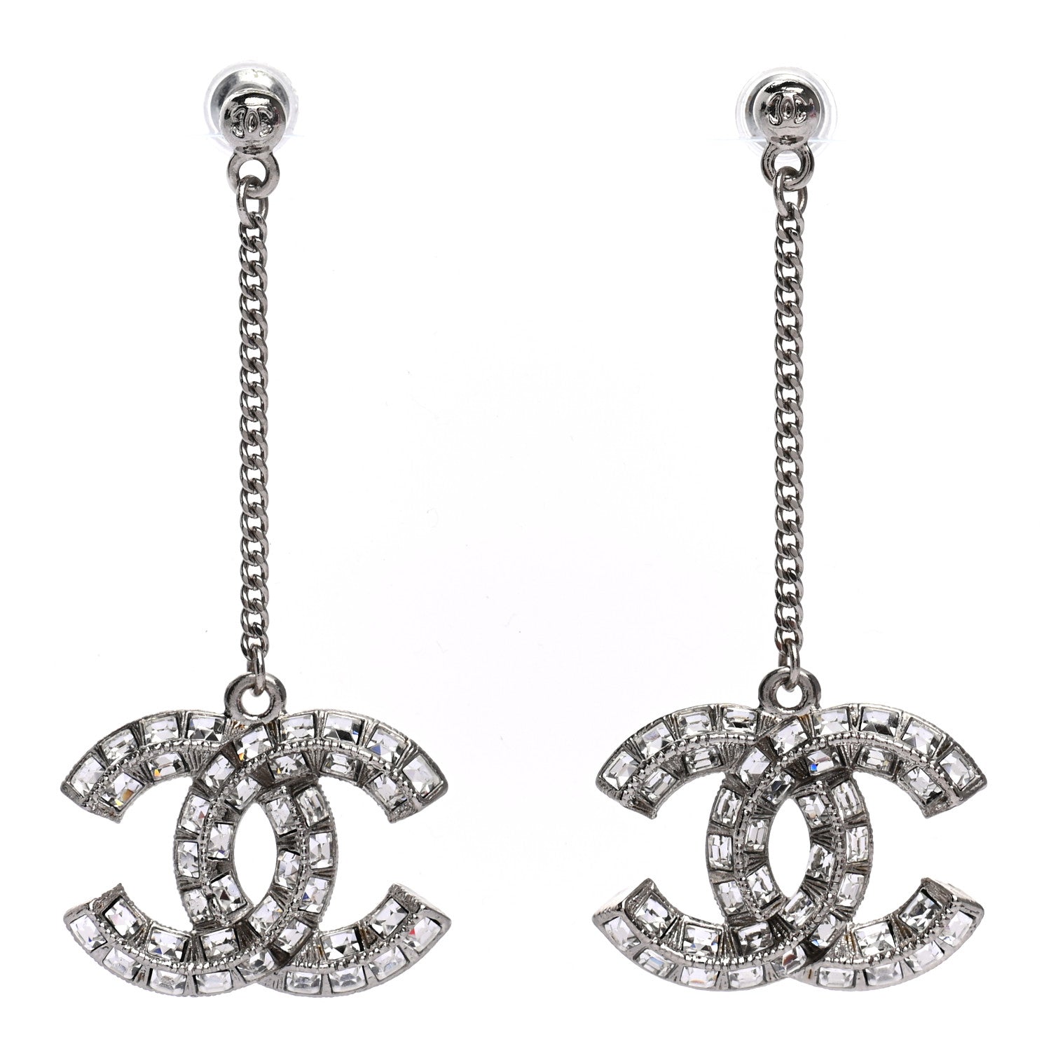 Chanel Baguette Crystal CC Drop Earrings Silver 1 of 4