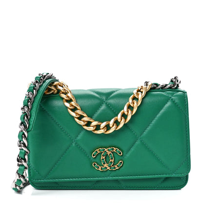 Chanel Shiny Lambskin Quilted Chanel 19 Wallet On Chain WOC Green 1 of 12