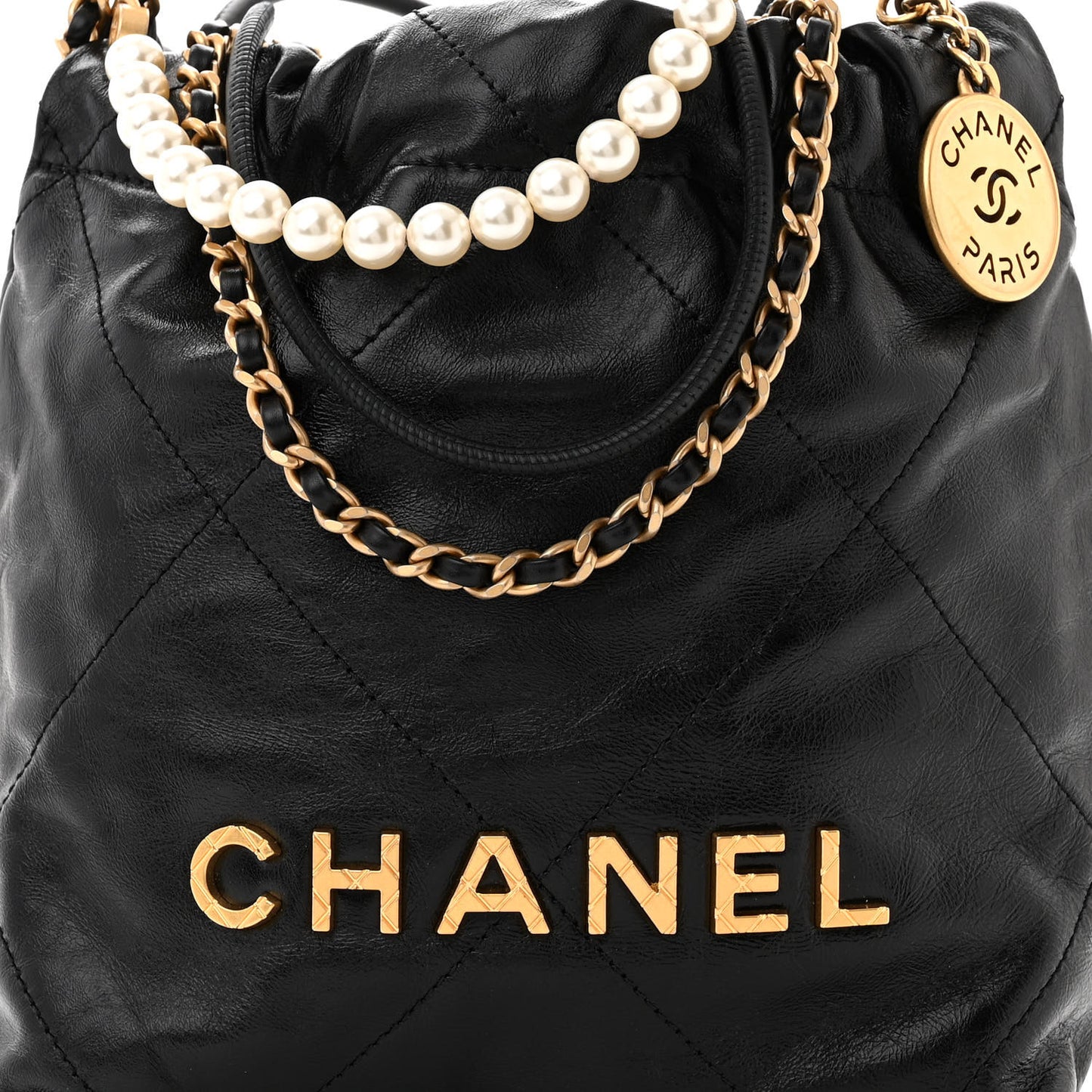 Shiny Crumpled Calfskin Quilted Pearl Mini Chanel 22 Black