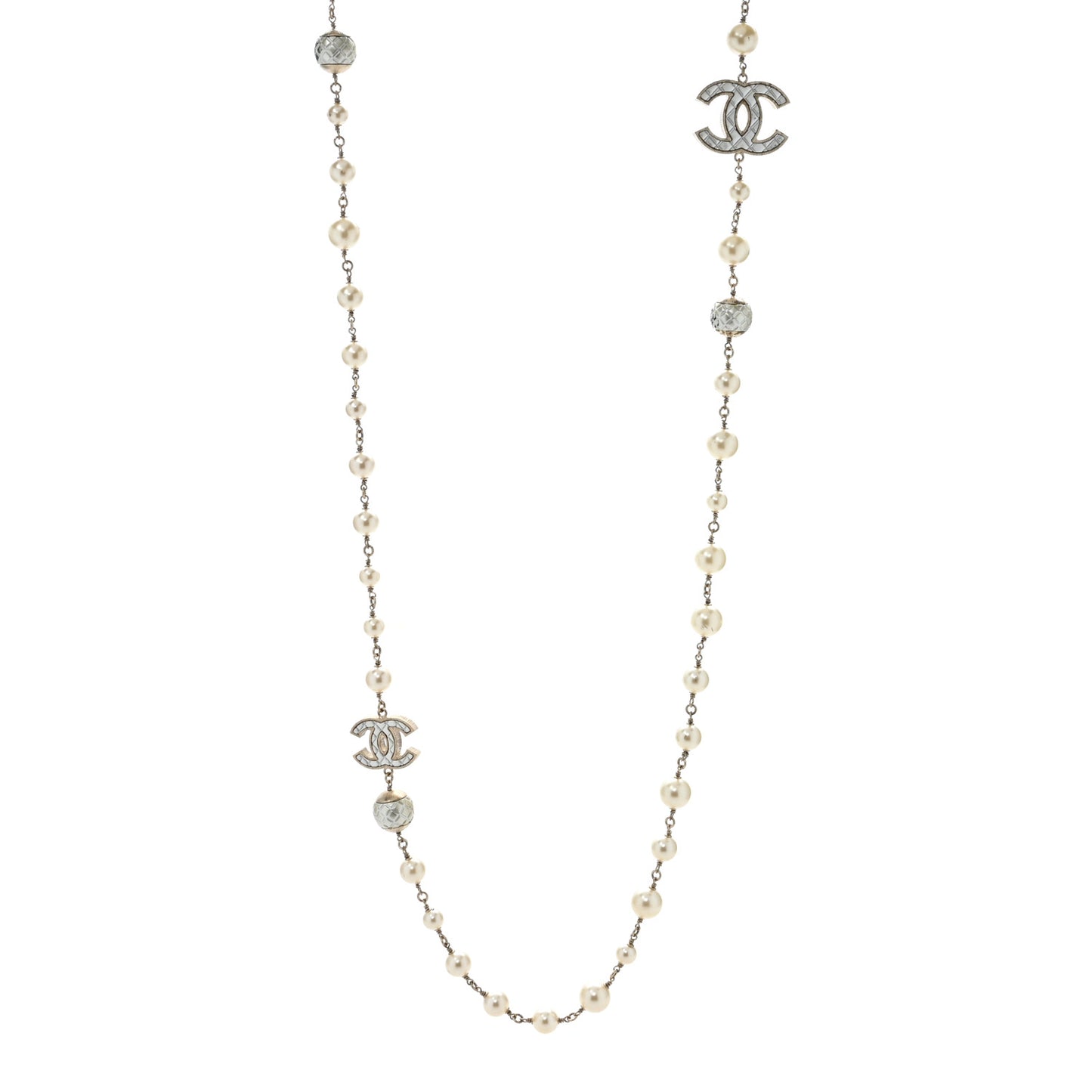 Metal Quilted Pearl CC Long Necklace Light Gold