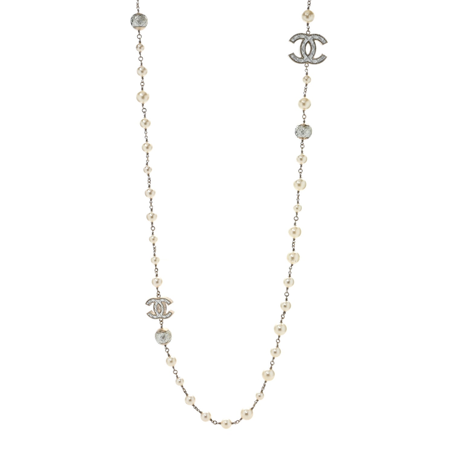Chanel Metal Quilted Pearl CC Long Necklace Light Gold 1 of 5