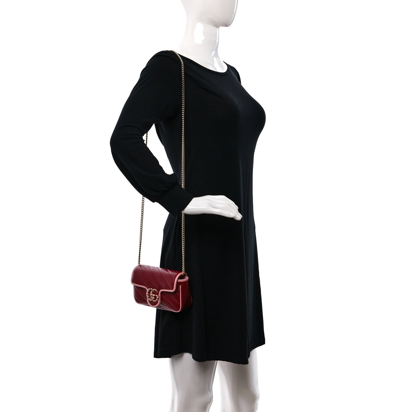 Azalea Calfskin Enamel Matelasse Diagonal Super Mini Torchon GG Marmont Shoulder Bag New Cherry Red Wild Rose