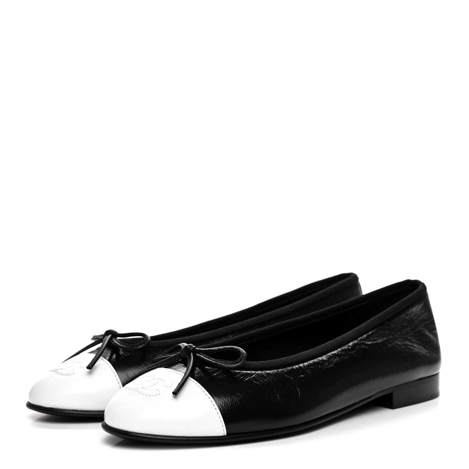 Chanel Crumpled Shiny Lambskin Cap Toe CC Ballerina Flats 36.5 Black White 4 of 9