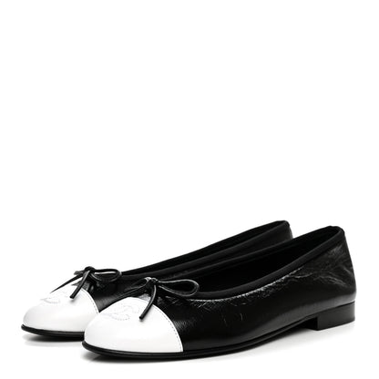 Chanel Crumpled Shiny Lambskin Cap Toe CC Ballerina Flats 36.5 Black White 4 of 9