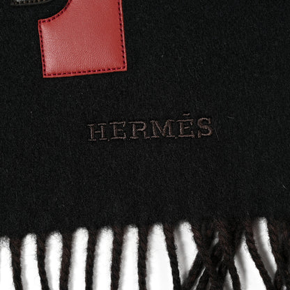 Hermes Cashmere Lambskin Patch Cuir Super H Muffler Black Marron Pollen 4 of 6