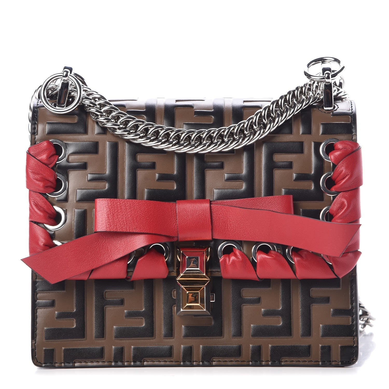 Fendi Vitello Shiny Nappa Bi-Color FF 1974 Lace Up Bow Embossed Small Kan I Shoulder Bag Maya Black Fragola 1 of 6