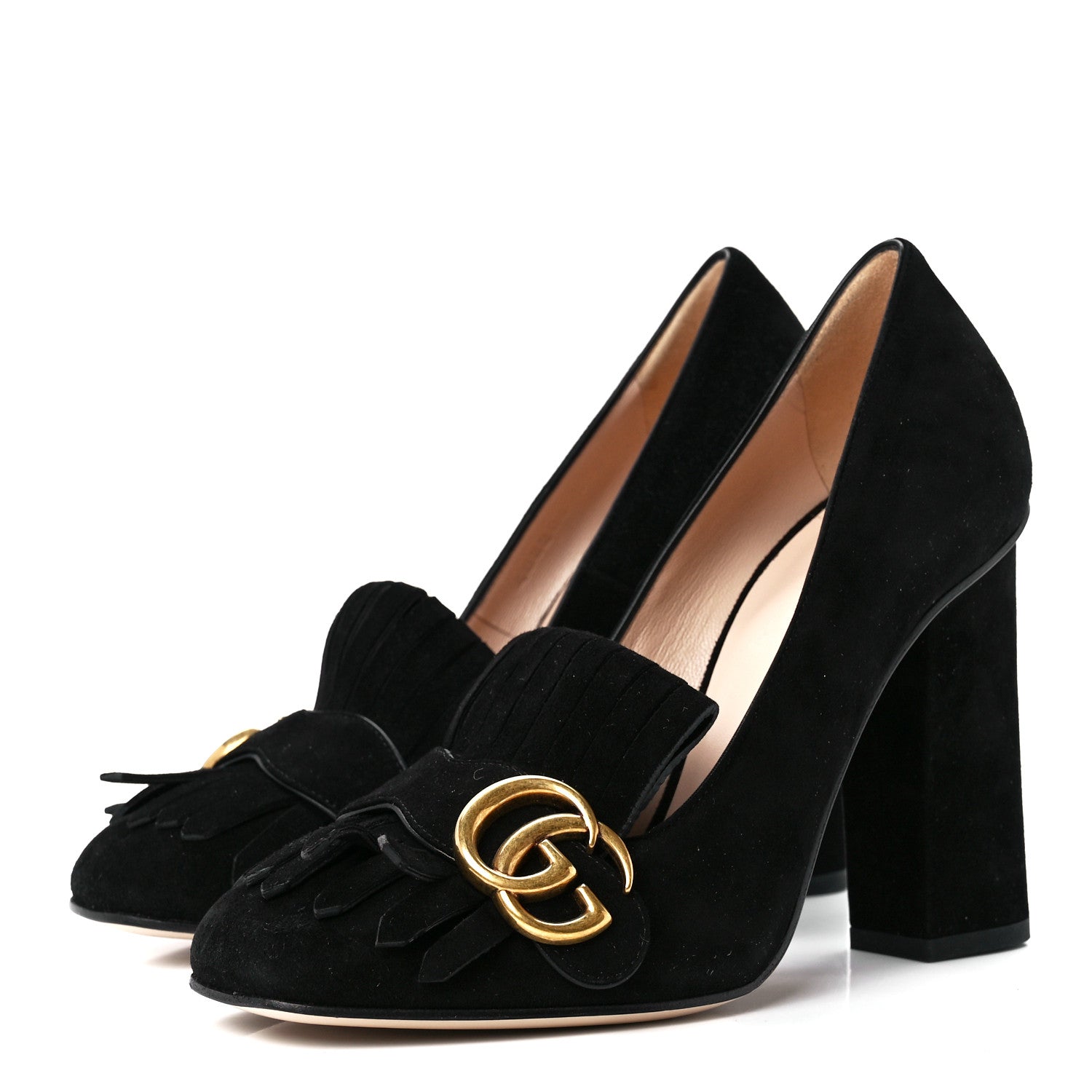 Gucci Kid Scamosciato GG Marmont Fringe 105mm Loafer Pumps 37.5 Black 3 of 8