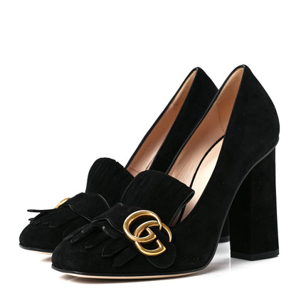 Gucci Kid Scamosciato GG Marmont Fringe 105mm Loafer Pumps 37.5 Black 3 of 8